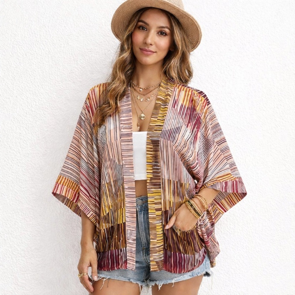 Cabi Multicolor #246 Geometric Bohemian Boho Open Front Kimono Jacket Size M